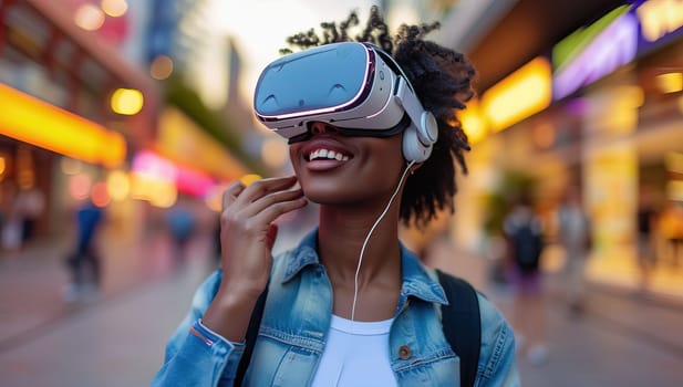 African American woman experiencing virtual reality in city