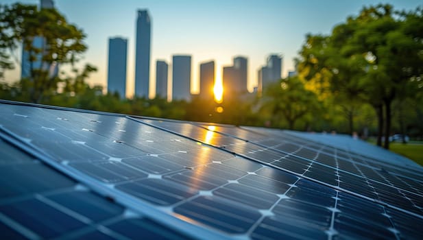 Solar energy panels installed on the roof of the building in the city