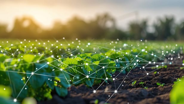 Green potato field with network connection lines illuminating the plants