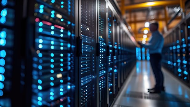 server room data center with rows of server racks for digital data storage.