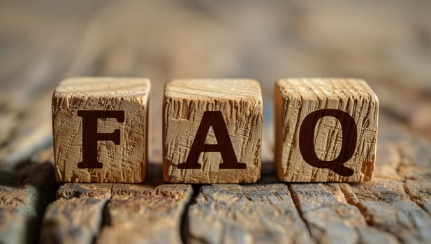 Wooden cubes spell FAQ on textured wood surface