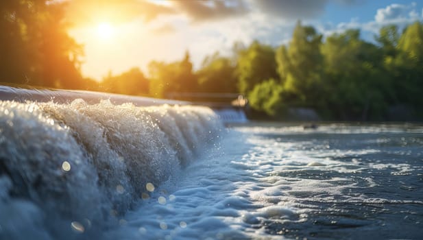 Sunset over city river with frozen water flow
