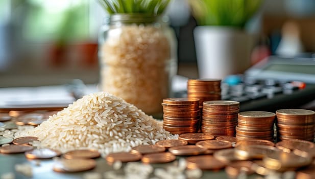 Rice and coins on the table with calculator and plant in the background