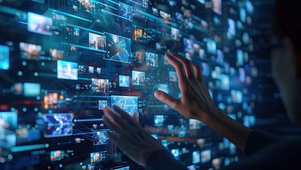 Businesswoman interacting with complex virtual interface