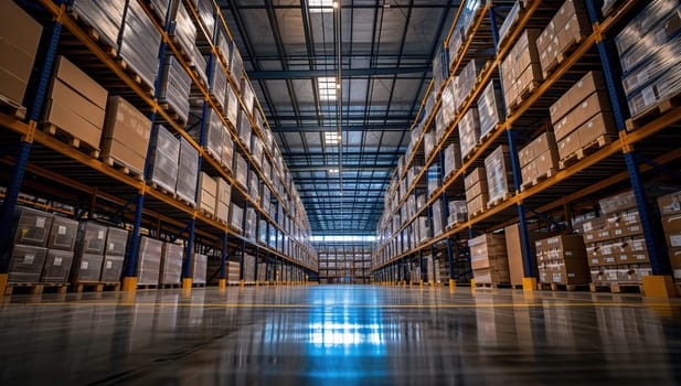 Warehouse interior with rows of shelves and racks in a large warehouse