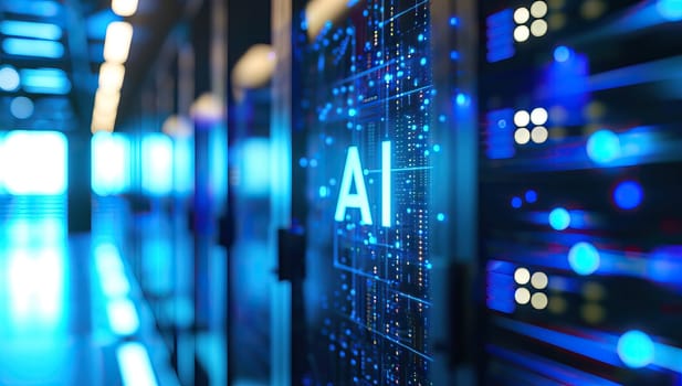 Glowing AI letters on server rack in data center