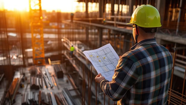 Engineer or architect with blueprint at construction site. Engineering and architecture concept.