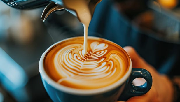 Barista creating latte art in coffee