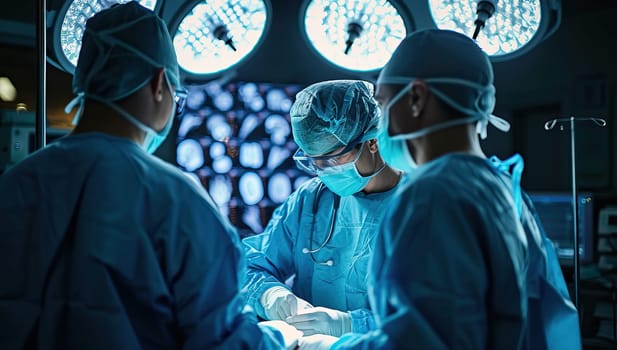 Adult veterinarians performing surgery in operation room with blue lighting