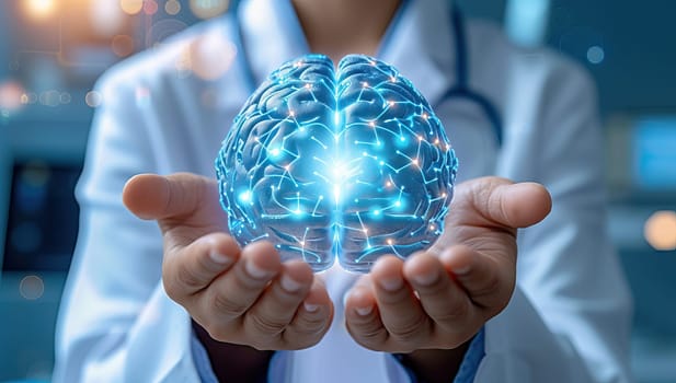 Female doctor analyzing holographic brain projection