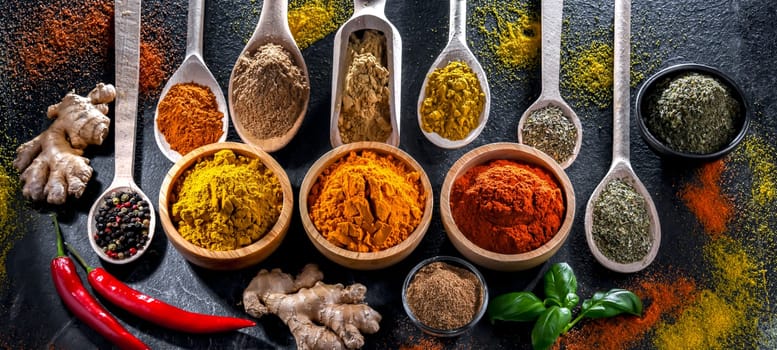 Composition with assortment of spices and herbs.