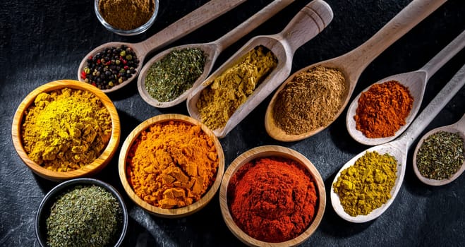 Composition with assortment of spices and herbs.