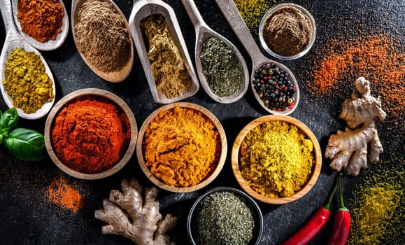 Composition with assortment of spices and herbs.
