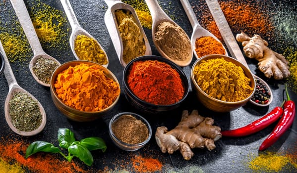 Composition with assortment of spices and herbs.