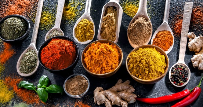 Composition with assortment of spices and herbs.