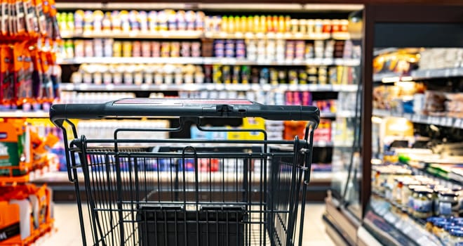 A shopping cart by a store shelf in a supermarket