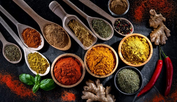 Composition with assortment of spices and herbs.