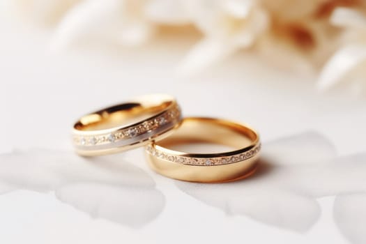 Wedding rings, close-up on a light background with flowers.postcard or invitation to a celebration.