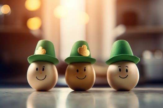 eggs in the form of a leprechaun with green caps and gold on a wooden table on a blurred background. . patrick's day