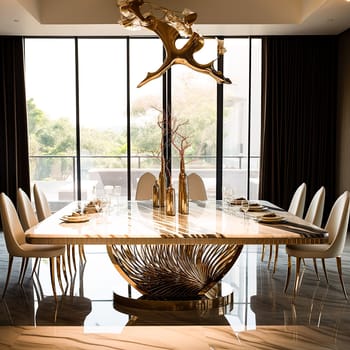 A chic dining area with a grand golden centerpiece on an elegant marble table, framed by a large window.