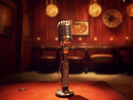 A vintage microphone awaits performance in a red jazz club setting with ambient lighting.