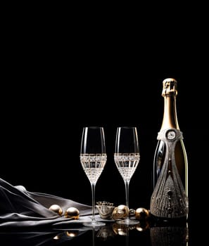 Luxurious champagne bottles and flutes on dark backdrop.copy space