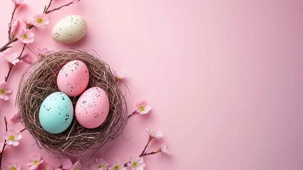 Colorful easter eggs in nest and flowers on pink background with copy space. Flat lay. Banner