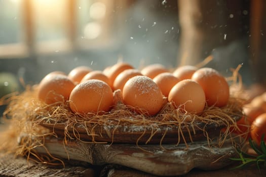 Brown eggs on straw nest in morning light, a symbol of organic farm life.