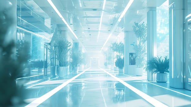 abstract background, blurred image Futuristic interior design of a corridor with neon lighting and plants.