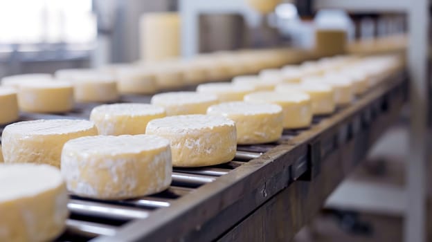 Rows of artisanal cheese maturing on a factory conveyor belt, showcasing the production process. The concept of a healthy food company with automated production of food and fruits