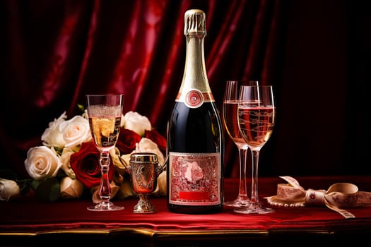 Elegant wine display with sparkling glasses, bottle, red roses and petals on a dark background.Romantic Champagne Celebration.