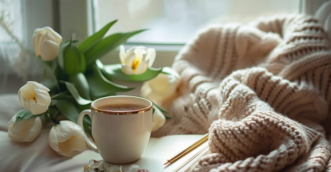 Cozy Easter, spring still life. A cup of coffee, a notebook, a golden pen, a beige knitted plaid near the window.