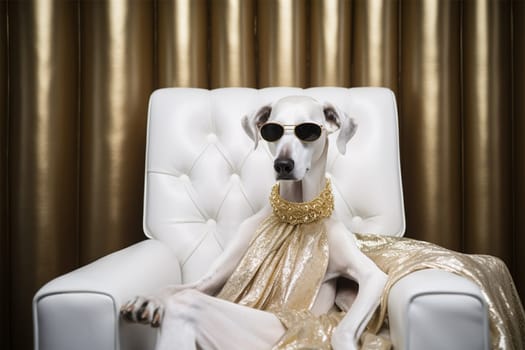 A poised whippet dog adorned with a gold necklace and fabric, seated on a luxurious white chair.