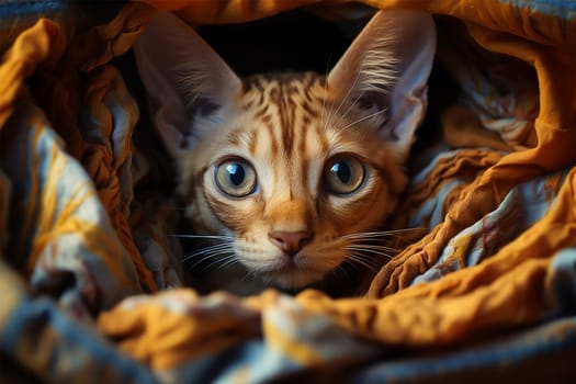 High quality photoA playful cat with striking eyes peeking out from the folds of a textured orange blanket.