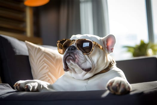 A chill bulldog enjoying the lounge life with stylish sunglasses, embodying relaxation and coolness.
