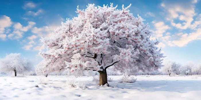 Snowy Cherry Blossom. A dreamy scene of cherry blossoms covered in snow, blending winter and spring elements.