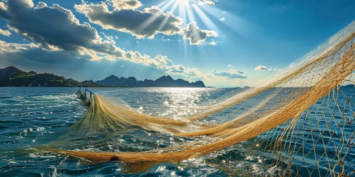fishing net at sunny day . Golden fishing net cast on shimmering sea waters with radiant sun and mountains in the backdrop.