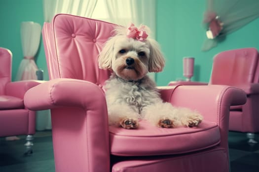 Refreshed Pet Spa Day. Adorable dog relaxing on a pink salon chair.