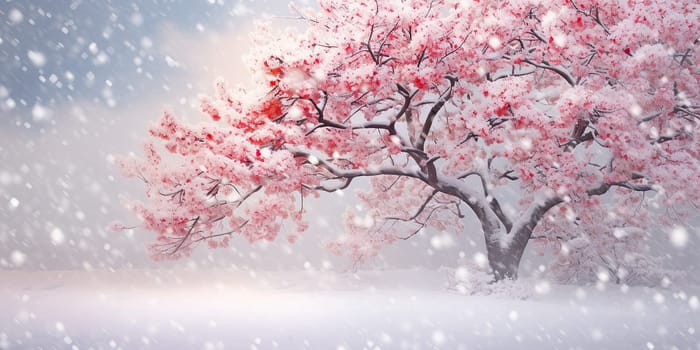 A dreamy scene of cherry blossoms covered in snow, blending winter and spring elements.copy space