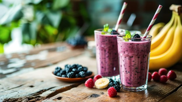 Blueberry smoothie purple colorful fruit juice milkshake blend beverage healthy high protein the taste yummy In glass,drink episode morning on a wooden background.