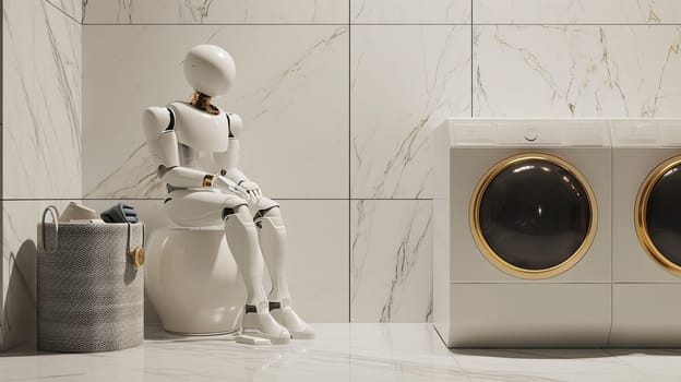 white robot man in a beautiful white modern laundry room with a laundry basket