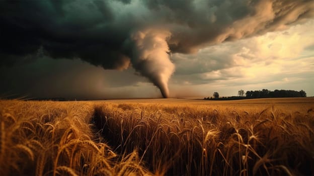 Tornado over a wheat field with dark storm clouds.