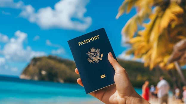 A traveler's hand holding a passport on a scenic tropical beach, concept of travel and vacation.