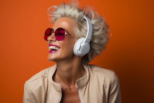 Senior woman enjoying music.An elderly woman with white hair experiences pure joy while listening to music through white headphones.
