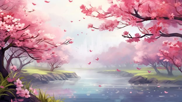 Artistic illustration of vibrant cherry blossom trees by a tranquil river.