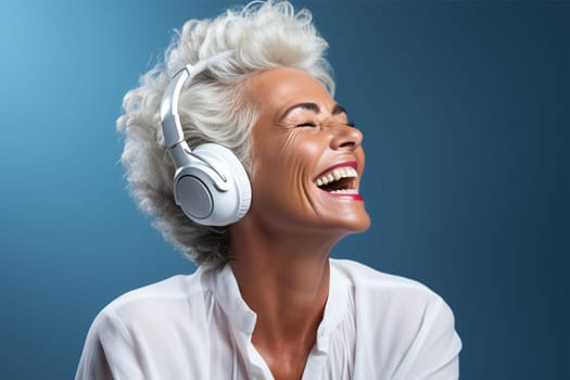 An elderly woman with white hair experiences pure joy while listening to music through white headphones.
