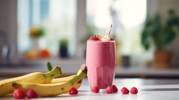 Berry Banana Smoothie.Banana, strawberries in cristal saucer and bannana strawberry milk shake in glass .