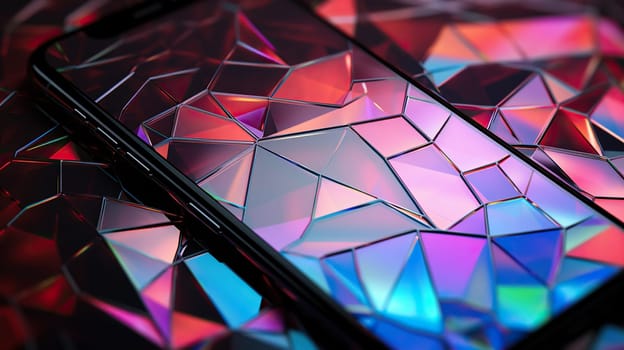 A smartphone case with a reflective prism pattern displaying a kaleidoscope of colors.