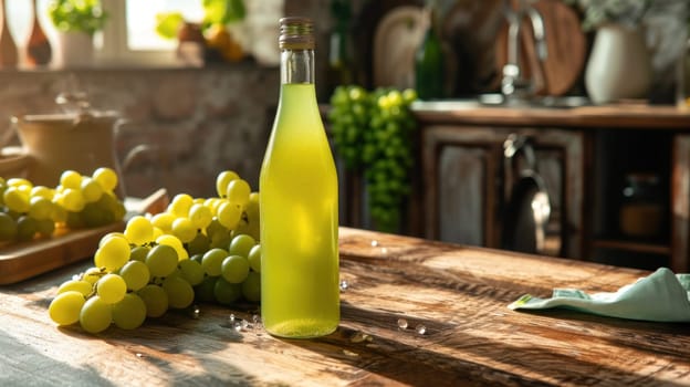 Green grape juice bottle mockup on kitchen table with copy space