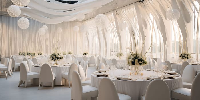 Opulent Wedding Banquet Hall. Luxurious wedding reception venue with elegant table settings.